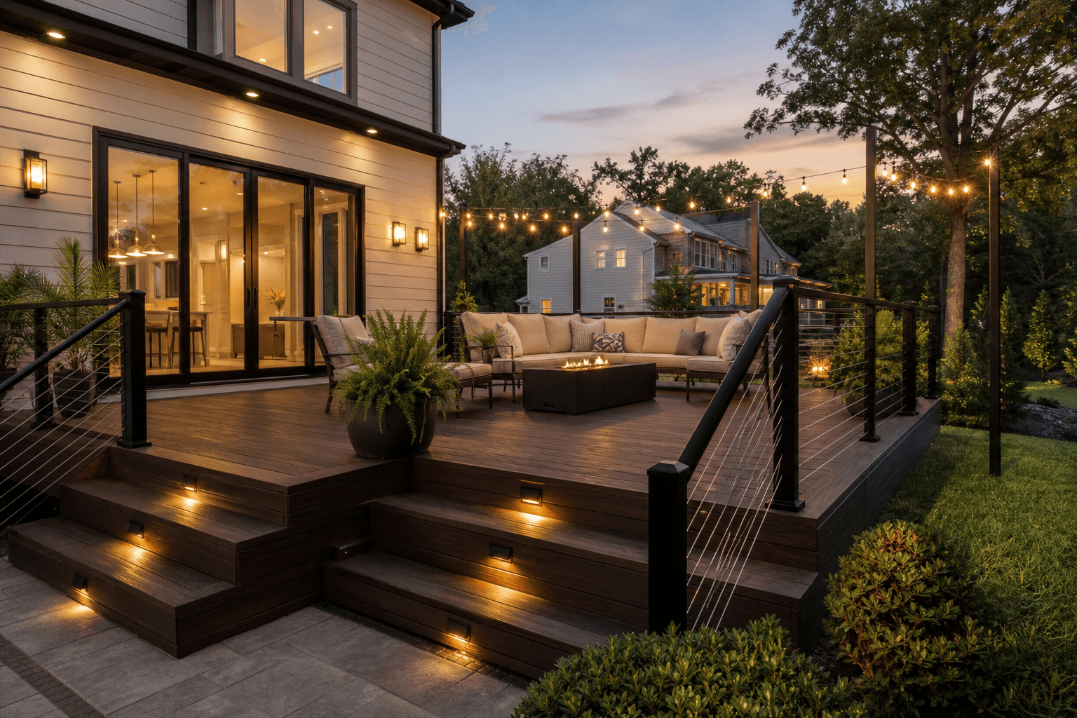 High end composite deck with cable railing and outdoor lounge furniture at dusk