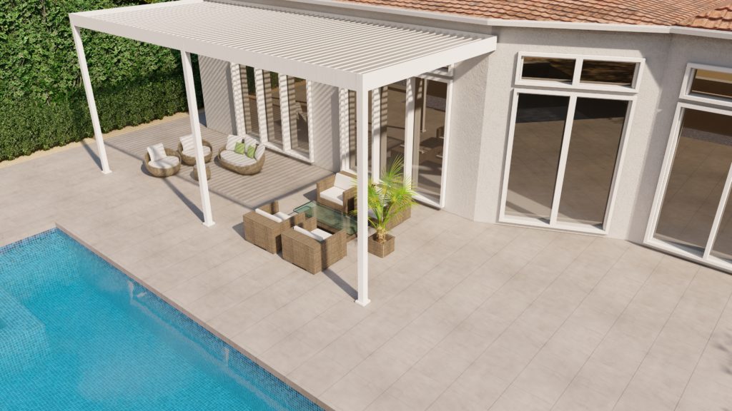 Three post louvered pergola on a pool terrace