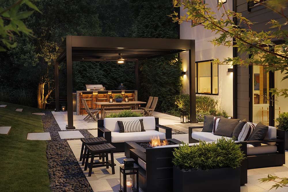 Azenco pergola extending outdoor living space beside a home